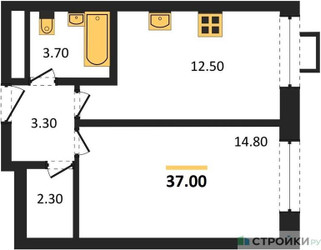 Планировка однокомнатной(квартира) площадью 37 квадратных метров в ЖК “ЖК Вереск”