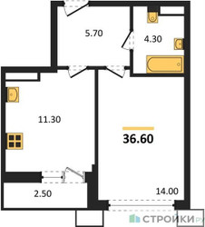 Планировка однокомнатной(квартира) площадью 36.6 квадратных метров в ЖК “ЖК Родные кварталы”