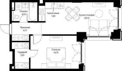 Планировка однокомнатной(квартира) площадью 48.74 квадратных метров в ЖК “ЖК Сити Бэй”