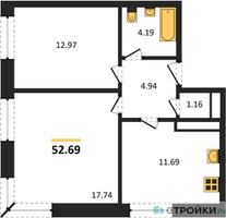 Планировка двухкомнатной(квартира) площадью 52.69 квадратных метров в “Семейный дом "Олива"”