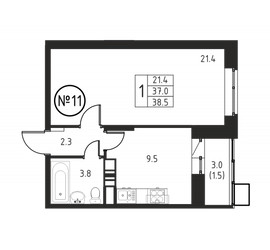 Планировка однокомнатной(квартира) площадью 38.5 квадратных метров в ЖК “ЖК Космос”