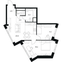 Планировка двухкомнатной(квартира) площадью 66 квадратных метров в “ЖК Нексус от Аквилон”