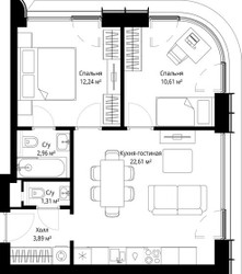 Планировка двухкомнатной(квартира) площадью 53.62 квадратных метров в ЖК “ЖК Сити Бэй”