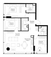Планировка трехкомнатной(квартира) площадью 100.6 квадратных метров в “ЖК Слава”