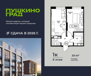 Планировка однокомнатной(квартира) площадью 39 квадратных метров в ЖК “ЖК Пушкино Град”