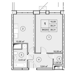Планировка однокомнатной(квартира) площадью 38.3 квадратных метров в ЖК “ЖК Экоград Новый Катуар”
