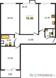 Планировка трехкомнатной(квартира) площадью 75.3 квадратных метров в ЖК “ЖК Датский Квартал”