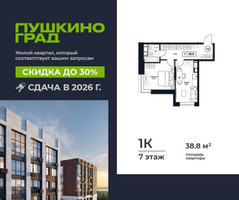Планировка однокомнатной(квартира) площадью 38.8 квадратных метров в “ЖК Пушкино Град”
