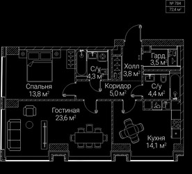 Планировка двухкомнатной(квартира) площадью 72.4 квадратных метров в ЖК “ЖК СЕЗАР БУДУЩЕЕ”