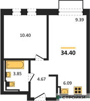 Планировка однокомнатной(квартира) площадью 34.4 квадратных метров в “ЖК Рублевский Квартал”