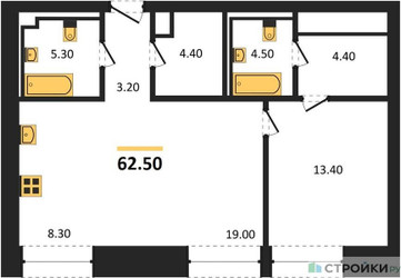 Планировка однокомнатной(квартира) площадью 62.5 квадратных метров в ЖК “ЖК INJOY (Инджой)”