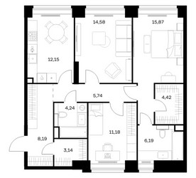 Планировка трехкомнатной(квартира) площадью 85.7 квадратных метров в ЖК “ЖК НОВА”