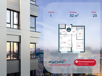 Планировка однокомнатной(квартира) площадью 32 квадратных метров в ЖК “ЖК РУСИЧ-Кантемировский”