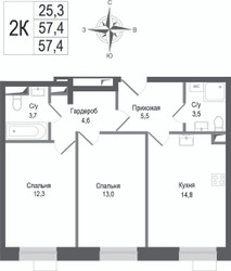 Планировка двухкомнатной(квартира) площадью 57.4 квадратных метров в ЖК “ЖК КИНОКВАРТАЛ”