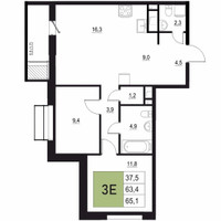 Планировка трехкомнатной(квартира) площадью 65.1 квадратных метров в “ЖК Вяземы Парк”