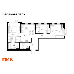 Планировка трехкомнатной(квартира) площадью 66.2 квадратных метров в ЖК “ЖК Зеленый парк”