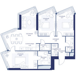 Планировка трехкомнатной(квартира) площадью 94.7 квадратных метров в ЖК “ЖК ХАЙДАУТ”