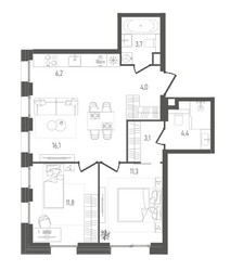Планировка двухкомнатной(квартира) площадью 60.6 квадратных метров в ЖК “ЖК Pave (Пэйв)”