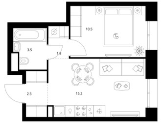 Планировка однокомнатной(квартира) площадью 33.5 квадратных метров в ЖК “ЖК Строгино 360”