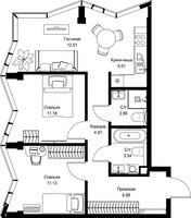 Планировка двухкомнатной(квартира) площадью 59.11 квадратных метров в “Дом премиум-класса МИРА”