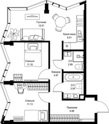 Планировка двухкомнатной(квартира) площадью 59.11 квадратных метров в ЖК “Дом премиум-класса МИРА”