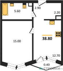 Планировка однокомнатной(квартира) площадью 38.8 квадратных метров в ЖК “Акценты”