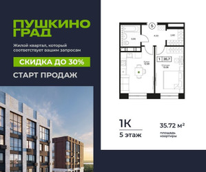 Планировка однокомнатной(квартира) площадью 35.72 квадратных метров в ЖК “ЖК Пушкино Град”
