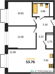 Планировка двухкомнатной(квартира) площадью 53.76 квадратных метров в ЖК “ЖК Квартал Марьино”