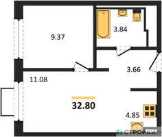 Планировка однокомнатной(квартира) площадью 32.8 квадратных метров в “ЖК Новое Видное”