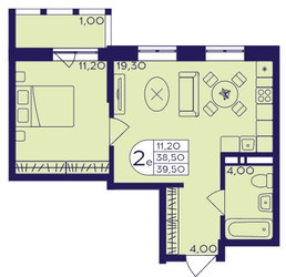 Планировка двухкомнатной(квартира) площадью 39.5 квадратных метров в ЖК “ЖК Героев”