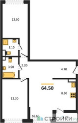 Планировка двухкомнатной(квартира) площадью 64.5 квадратных метров в ЖК “ЖК Дзен-кварталы”