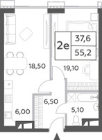 Планировка двухкомнатной(квартира) площадью 55.2 квадратных метров в “ЖК Will Towers (Вилл Тауэрс)”
