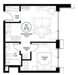 Планировка однокомнатной(квартира) площадью 37.5 квадратных метров в ЖК “ЖК Метрополия”