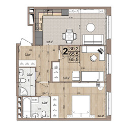 Планировка двухкомнатной(квартира) площадью 65.5 квадратных метров в ЖК “ЖК Гранд Комфорт”