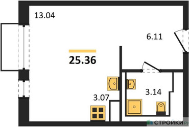 Планировка студии(квартира) площадью 25.36 квадратных метров в ЖК “ЖК Томилино Парк”