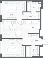 Планировка двухкомнатной(квартира) площадью 61.38 квадратных метров в “ЖК TATE (Тэйт)”