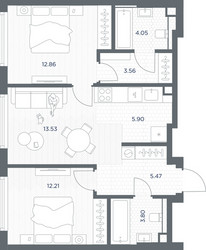 Планировка двухкомнатной(квартира) площадью 61.38 квадратных метров в ЖК “ЖК TATE (Тэйт)”