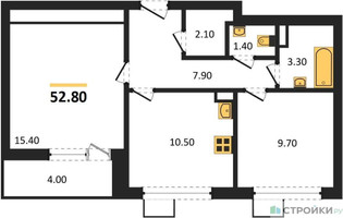 Планировка двухкомнатной(квартира) площадью 52.8 квадратных метров в “ЖК 1-й Южный (Первый Южный)”