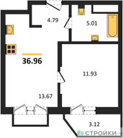 Планировка однокомнатной(квартира) площадью 36.96 квадратных метров в “ЖК ВОСТОК II”