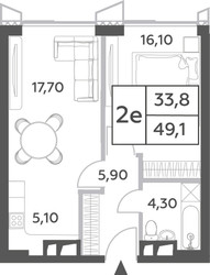 Планировка двухкомнатной(квартира) площадью 49.1 квадратных метров в ЖК “ЖК Will Towers (Вилл Тауэрс)”