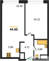 Планировка однокомнатной(квартира) площадью 44.6 квадратных метров в “ЖК Собрание клубных домов West Garden (Вест Гарден)”
