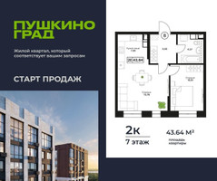Планировка двухкомнатной(квартира) площадью 43.64 квадратных метров в “ЖК Пушкино Град”