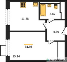 Планировка однокомнатной(квартира) площадью 34.98 квадратных метров в “ЖК Пригород Лесное”