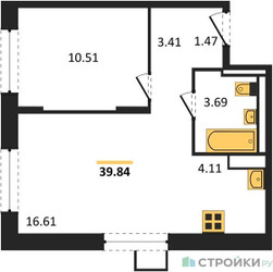 Планировка однокомнатной(квартира) площадью 39.8 квадратных метров в ЖК “ЖК Пригород Лесное”