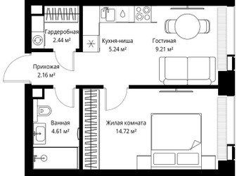 Планировка однокомнатной(квартира) площадью 38.38 квадратных метров в ЖК “ЖК Веер”