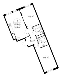 Планировка двухкомнатной(квартира) площадью 67.4 квадратных метров в ЖК “ЖК Переделкино Ближнее”