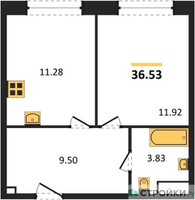 Планировка однокомнатной(апартаменты) площадью 36.53 квадратных метров в “ЖК Движение. Говорово”