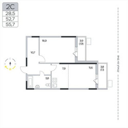 Планировка двухкомнатной(квартира) площадью 55.7 квадратных метров в ЖК “ЖК Пироговская Ривьера”