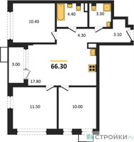 Планировка трехкомнатной(квартира) площадью 66.3 квадратных метров в “ЖК Прокшино”