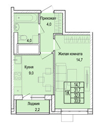 Планировка однокомнатной(квартира) площадью 32.9 квадратных метров в “ЖК Отрадный”